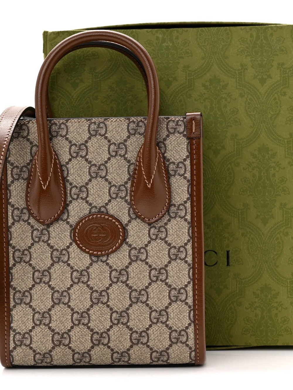 Gucci Beige GG Canvas Mini Tote with Brown Leather Trim